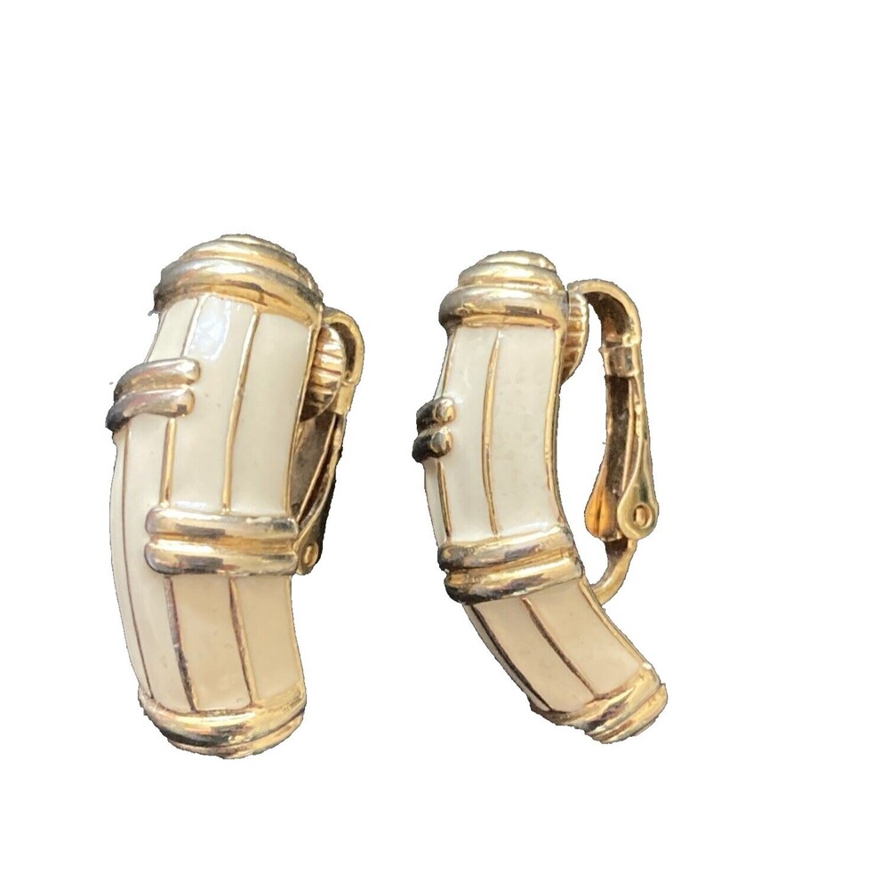 Vintage Ivory Cream and Gold Tone Enamel Clip On Earrings